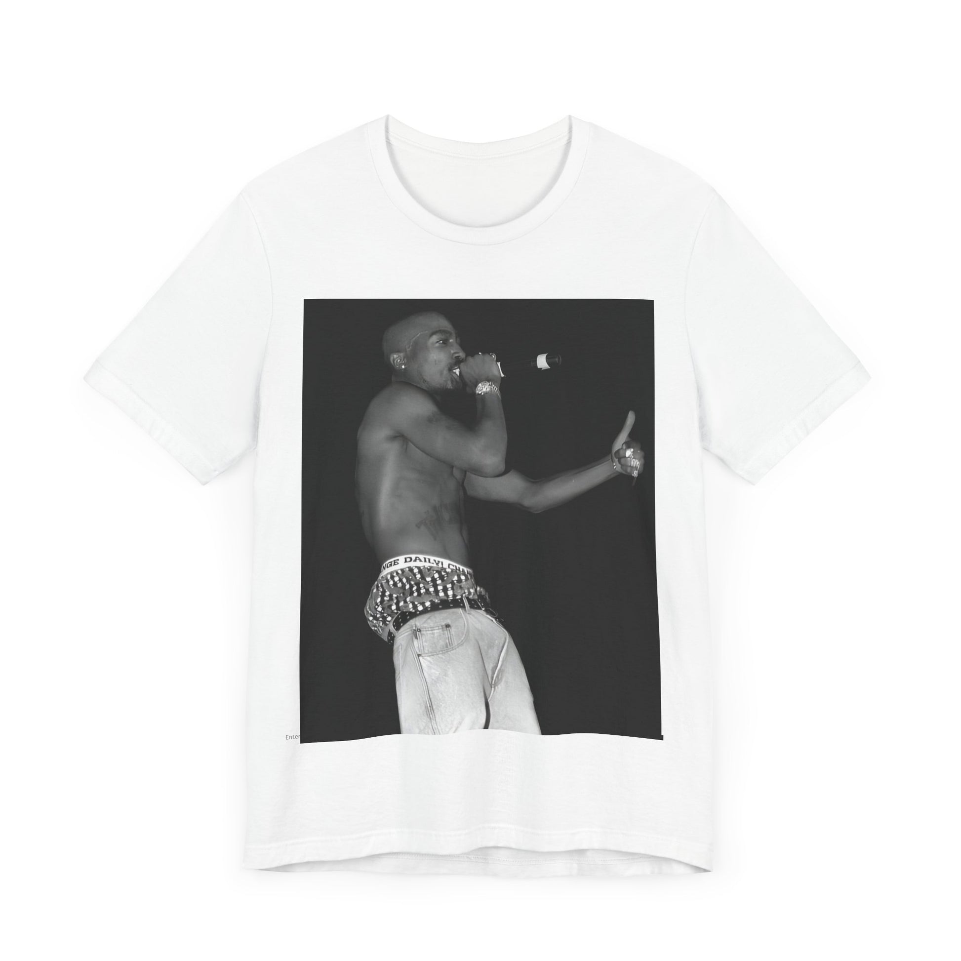 A black graphic t-shirt featuring a graphic of Tupac as a justice fighter.