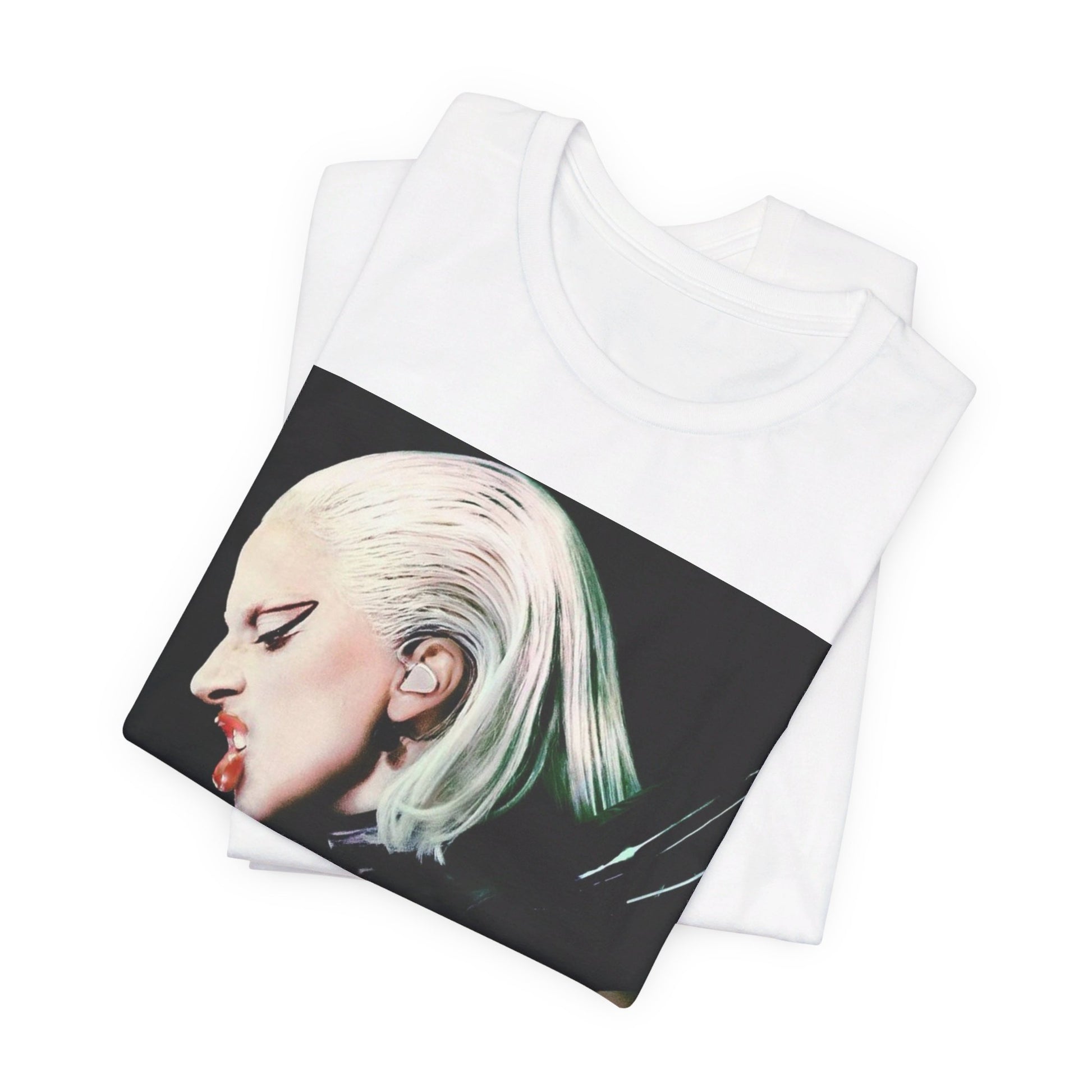 A black graphic t-shirt featuring a retro graphic related to Lady Gaga's 'The Fame Monster' album era.