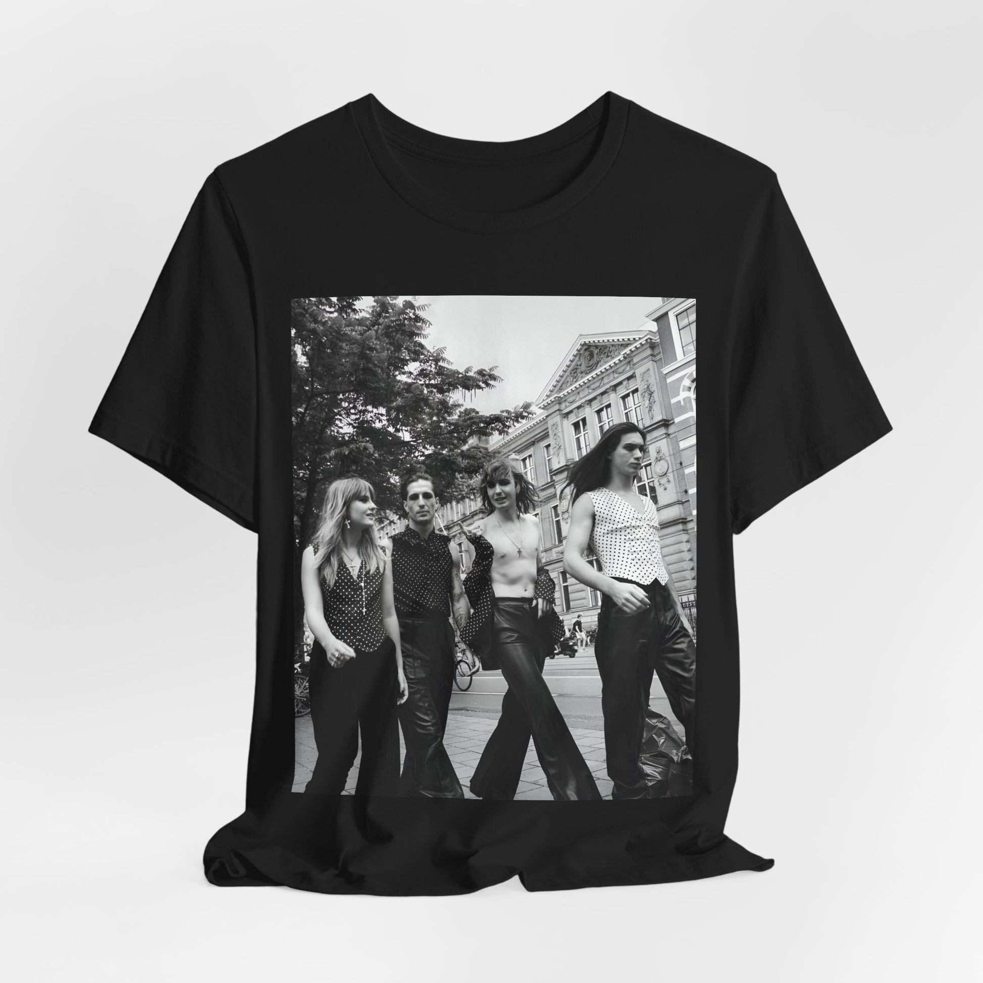A black graphic t-shirt featuring a retro black and white monochrome graphic or photo of Maneskin.