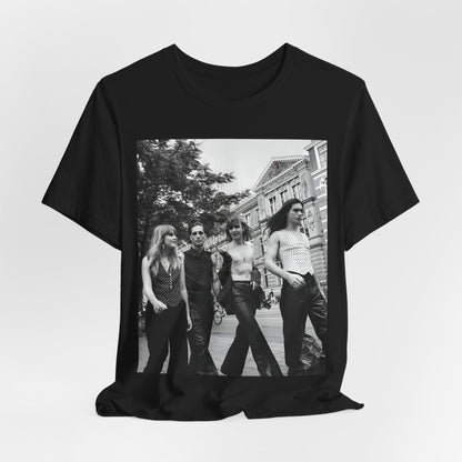 A black graphic t-shirt featuring a retro black and white monochrome graphic or photo of Maneskin.