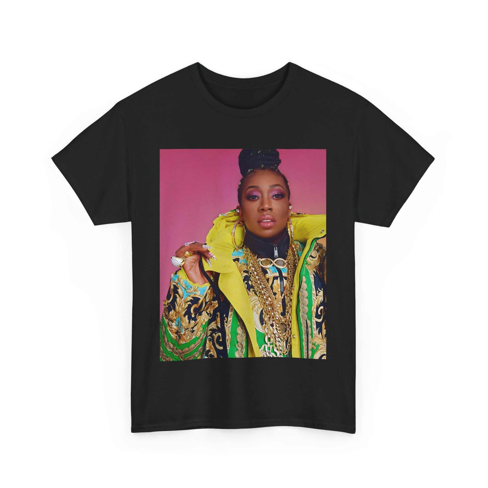 A black graphic t-shirt featuring a graphic of Missy Elliott as the rap queen of innovation.