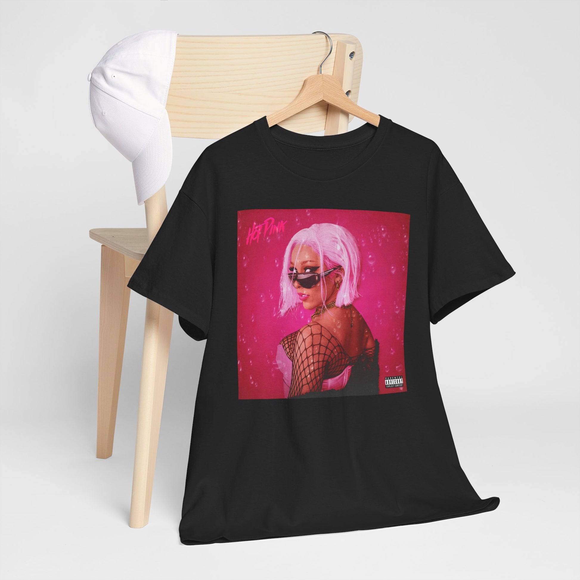 A black graphic t-shirt featuring a graphic related to Doja Cat's "Hot Pink" album era.