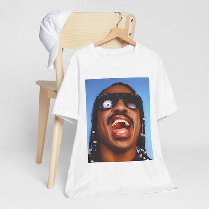 A black graphic t-shirt featuring a bold soul superstar graphic of Stevie Wonder.