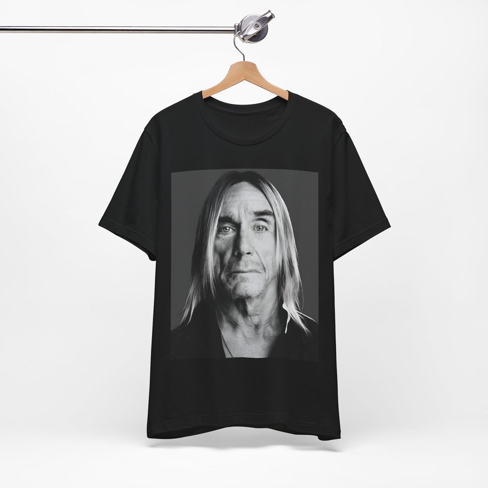 A black graphic t-shirt featuring a black and white portrait photo of Iggy Pop.