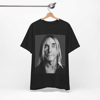 A black graphic t-shirt featuring a black and white portrait photo of Iggy Pop.