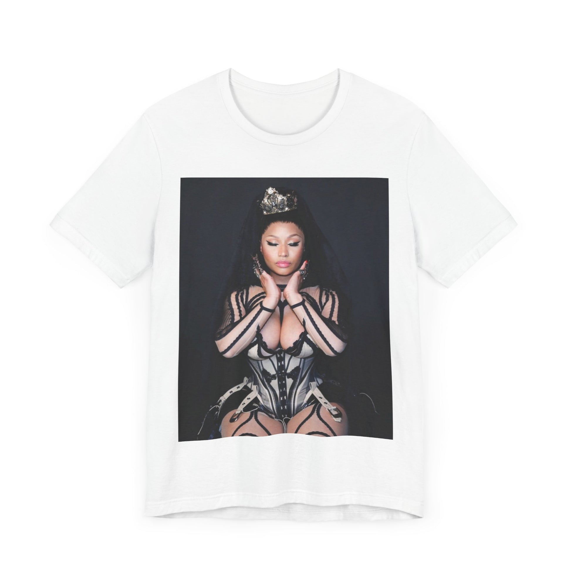 A black graphic t-shirt featuring a vintage graphic of Nicki Minaj as the Queen of Rap.