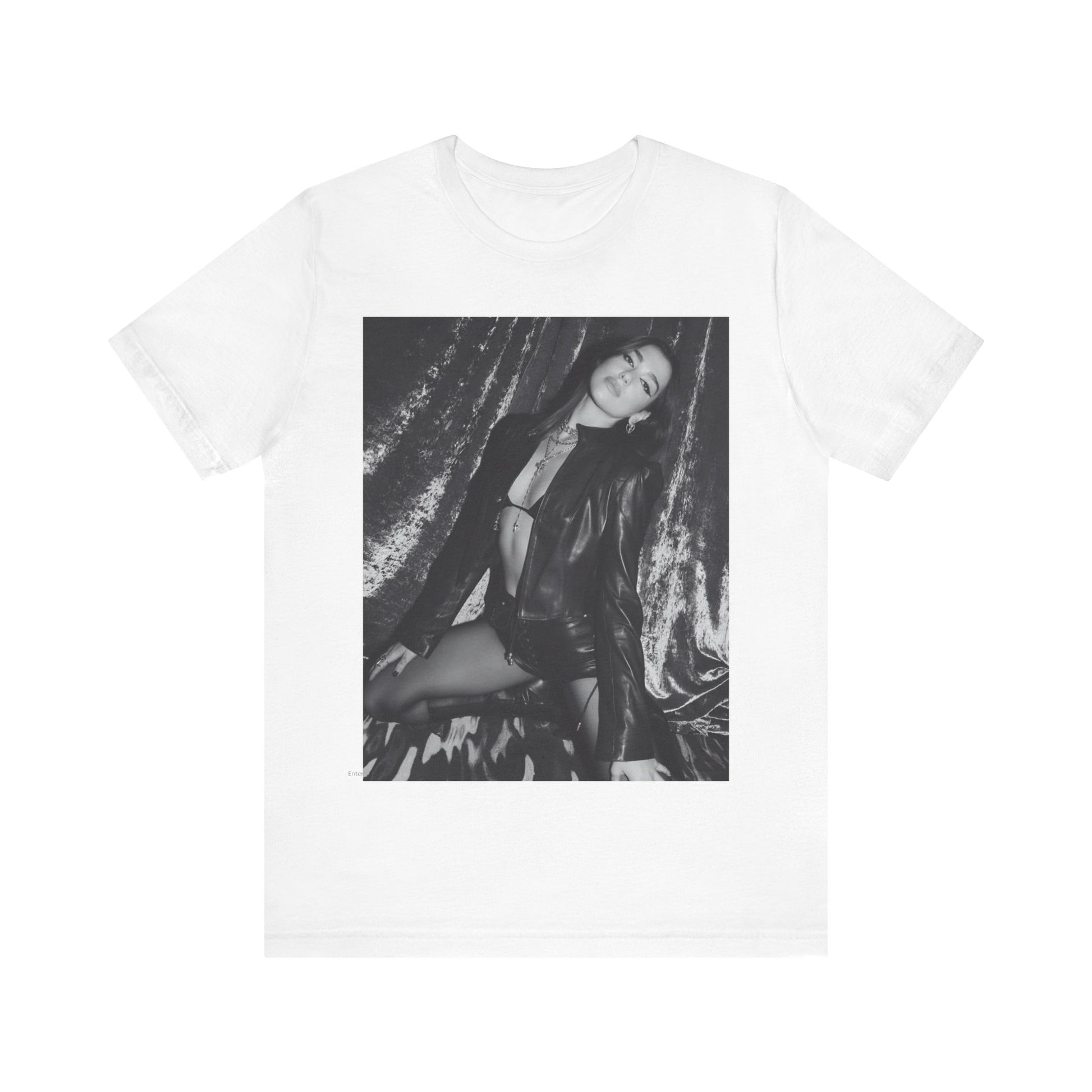 A black graphic t-shirt featuring a black and white portrait photo of Dua Lipa.