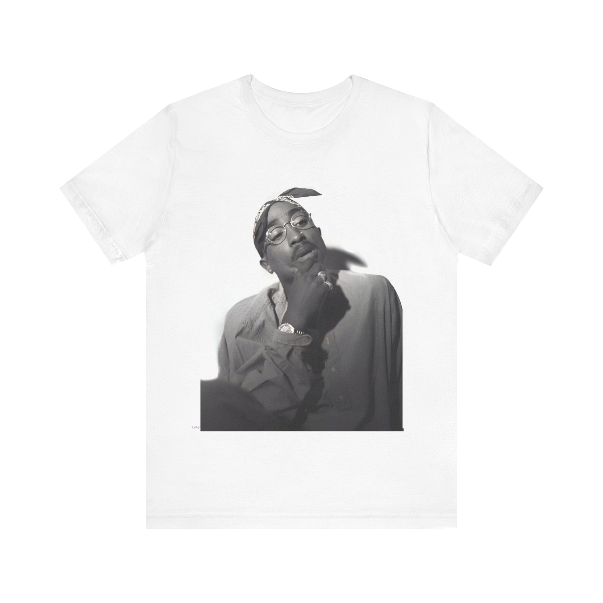 A black graphic t-shirt featuring a classic 90s West Coast rap graphic of Tupac.