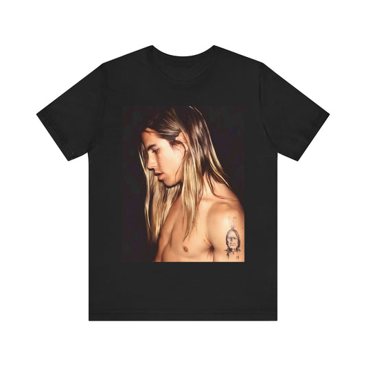 A black graphic t-shirt featuring a 90s graphic of Anthony Kiedis from Red Hot Chili Peppers, evoking LA style.