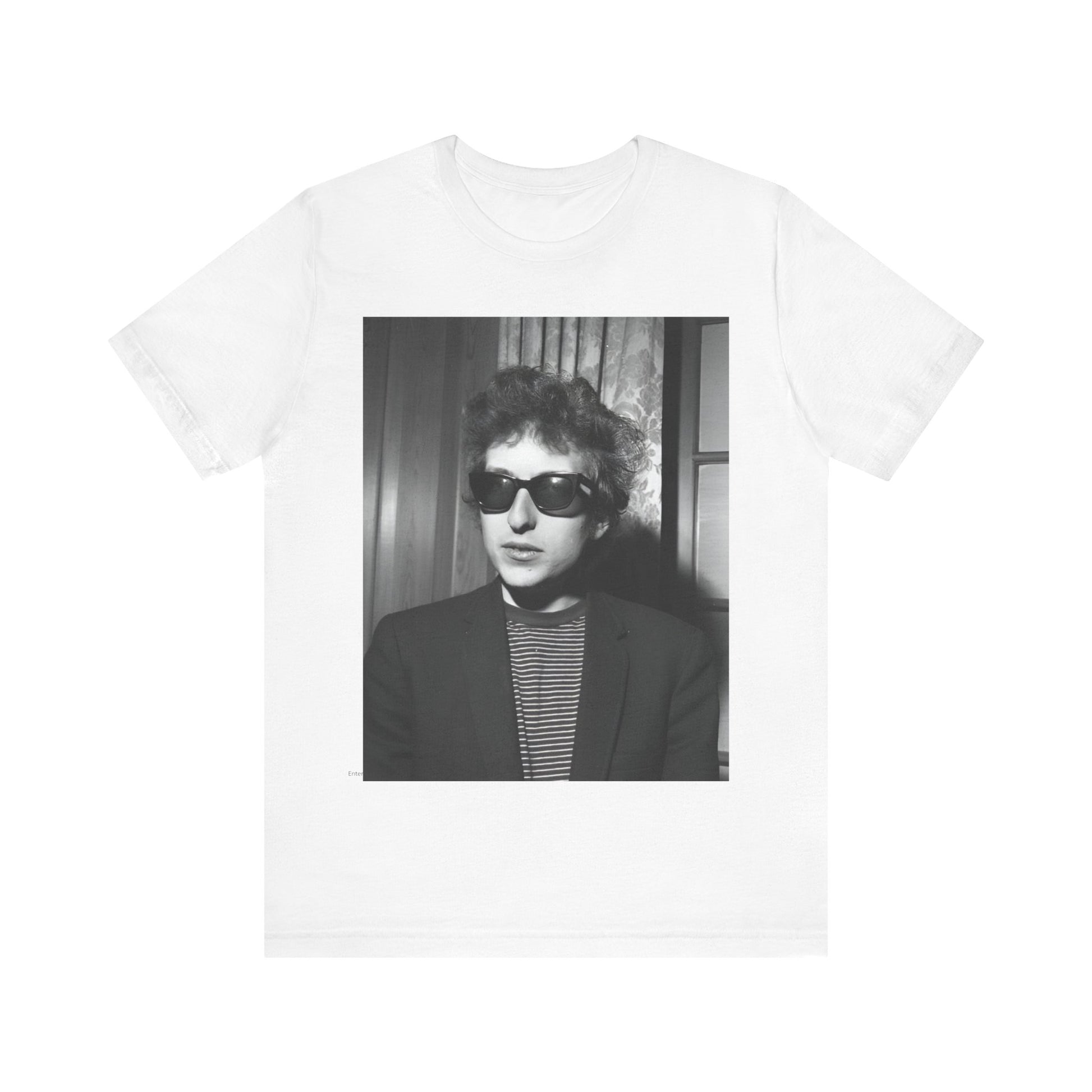 A black graphic t-shirt featuring a graphic related to Bob Dylan's 'The Freewheelin' album era.