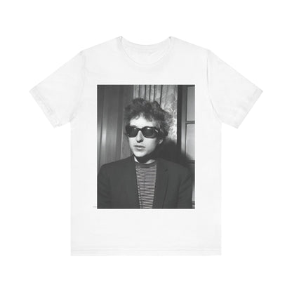A black graphic t-shirt featuring a graphic related to Bob Dylan's 'The Freewheelin' album era.