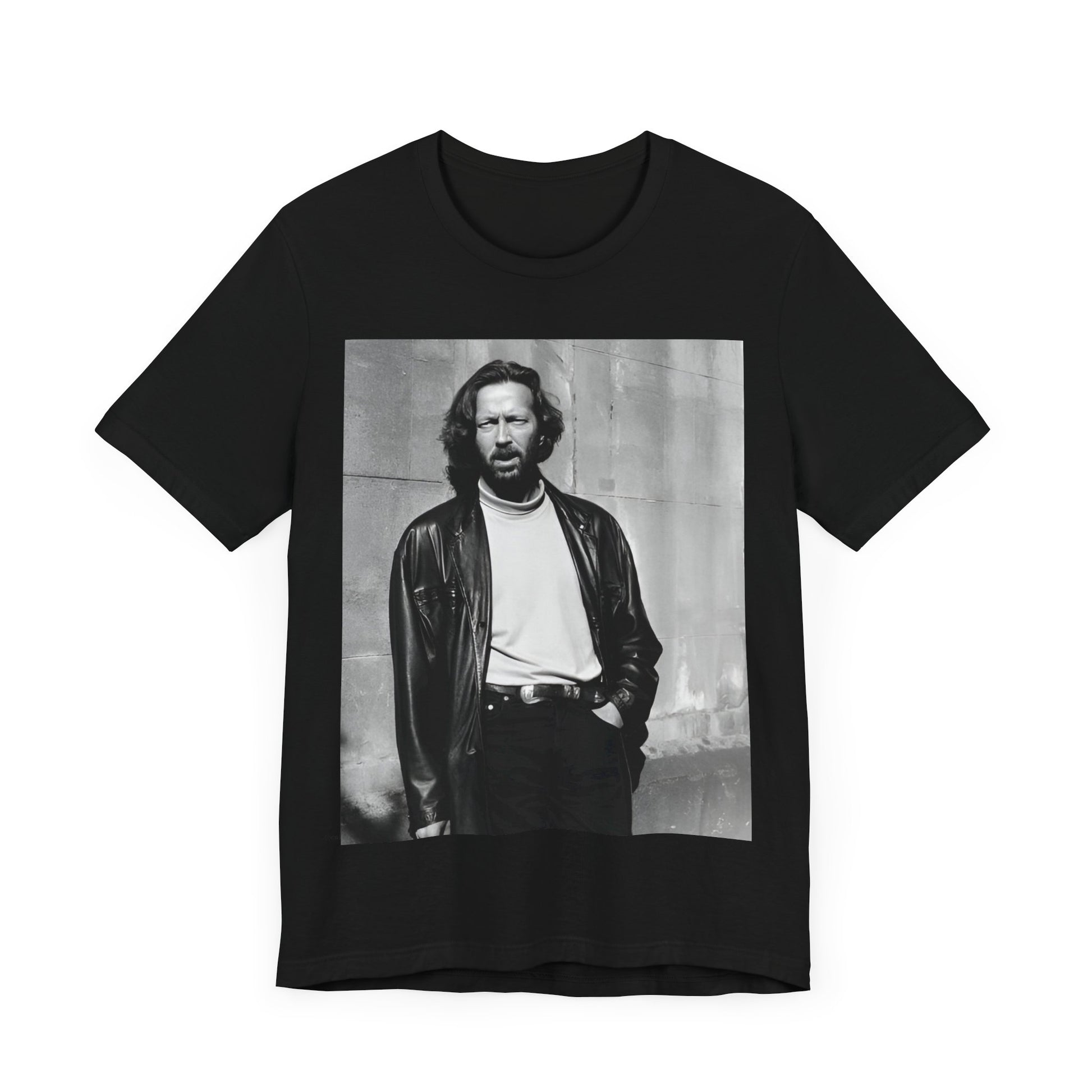 A black graphic t-shirt featuring a retro graphic related to Eric Clapton's 'Cocaine' song or era.