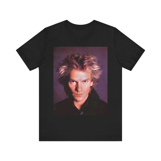 A black graphic t-shirt featuring a graphic related to Sting's 'Every Breath You Take' song or era.