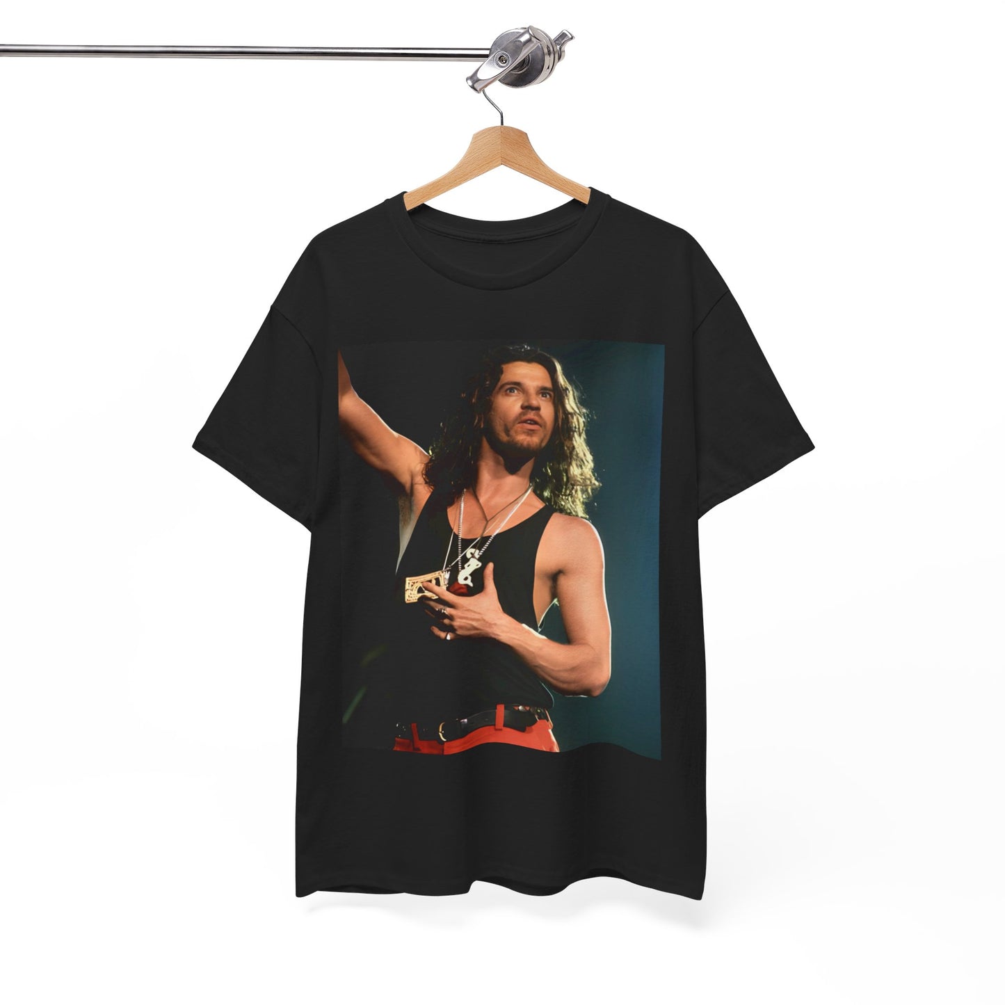 A black graphic t-shirt featuring a vintage 80s new wave graphic of INXS.