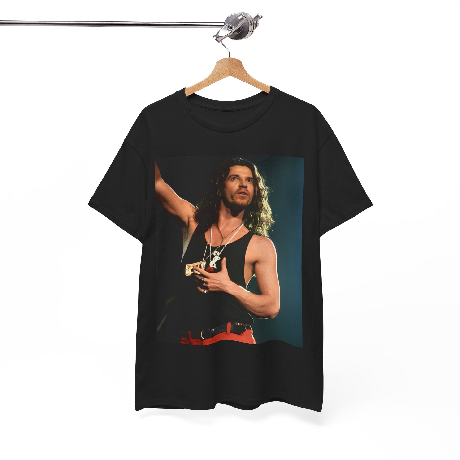 A black graphic t-shirt featuring a vintage 80s new wave graphic of INXS.