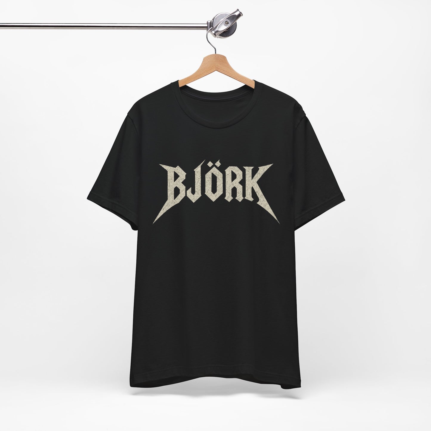 A black graphic t-shirt featuring the Bjork logo in a black and white, aesthetic style.