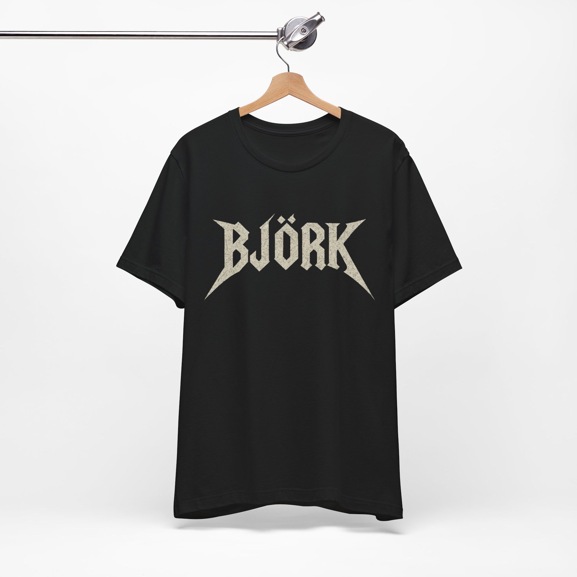 A black graphic t-shirt featuring the Bjork logo in a black and white, aesthetic style.