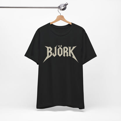 A black graphic t-shirt featuring the Bjork logo in a black and white, aesthetic style.