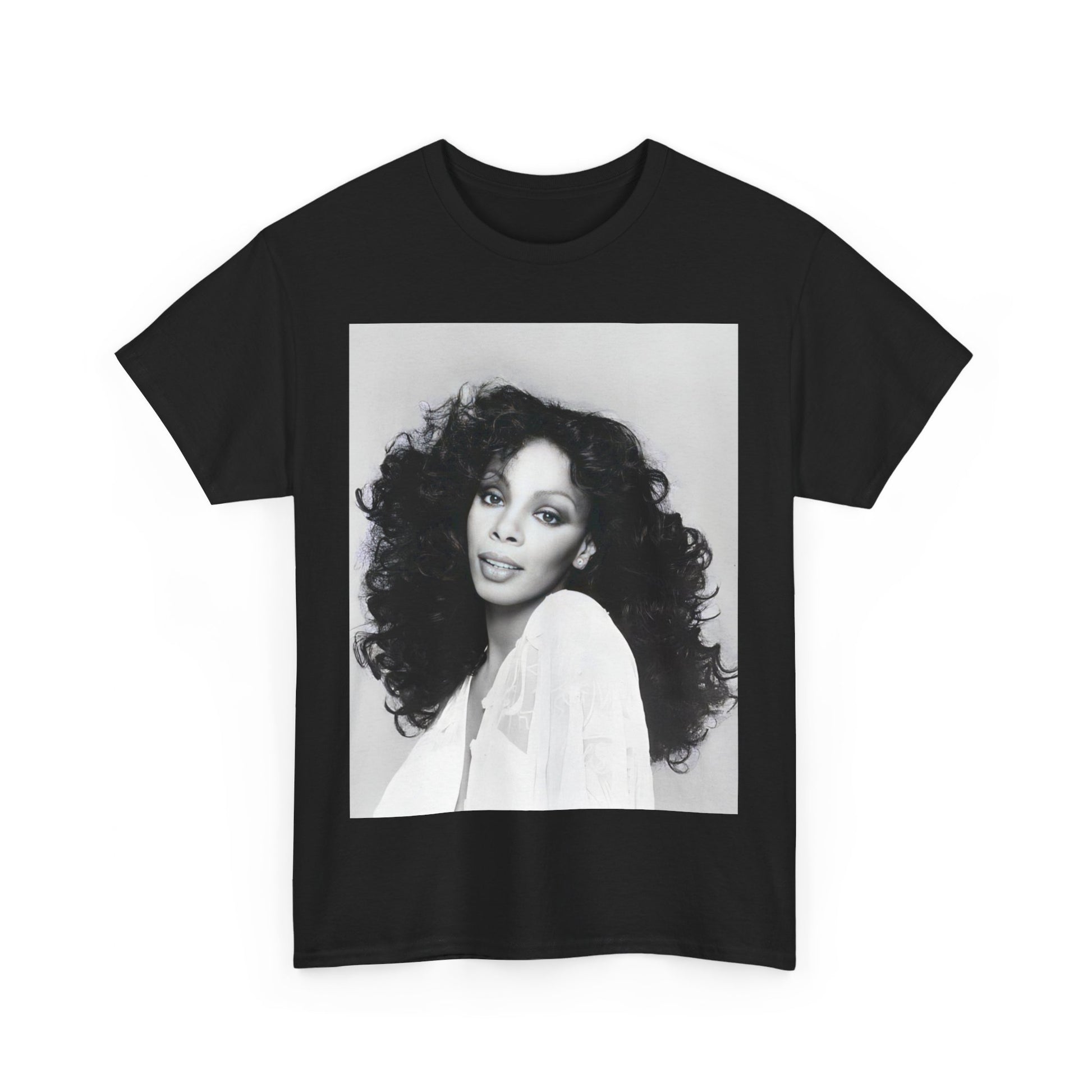 A black graphic t-shirt featuring a black and white portrait photo of Donna Summer.