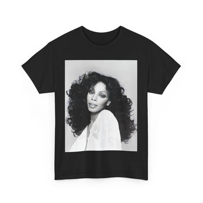 A black graphic t-shirt featuring a black and white portrait photo of Donna Summer.