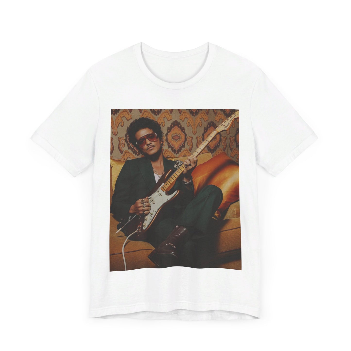 A black graphic t-shirt featuring a graphic of Bruno Mars playing guitar, emphasizing his funk legend status.