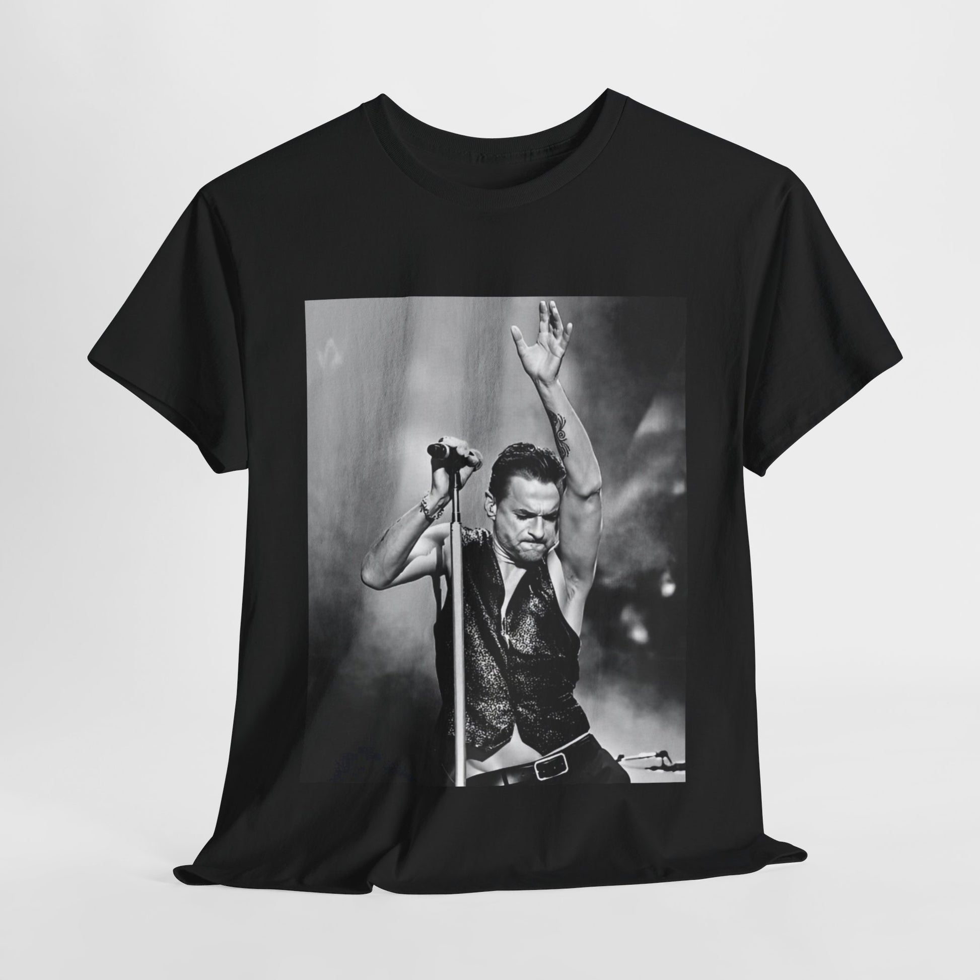 A black graphic t-shirt featuring a graphic or photo of Depeche Mode performing live on stage from the 'Personal Jesus' era.