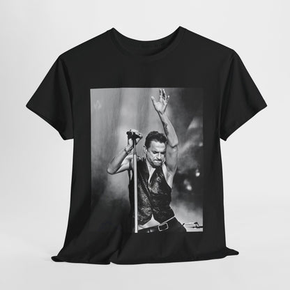 A black graphic t-shirt featuring a graphic or photo of Depeche Mode performing live on stage from the 'Personal Jesus' era.