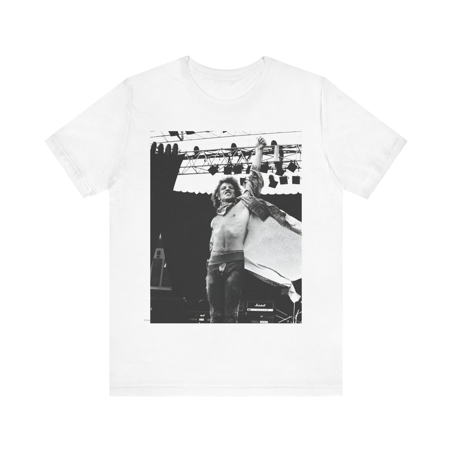 A black graphic t-shirt featuring an epic arena rock graphic of Bon Jovi performing on a large stage.