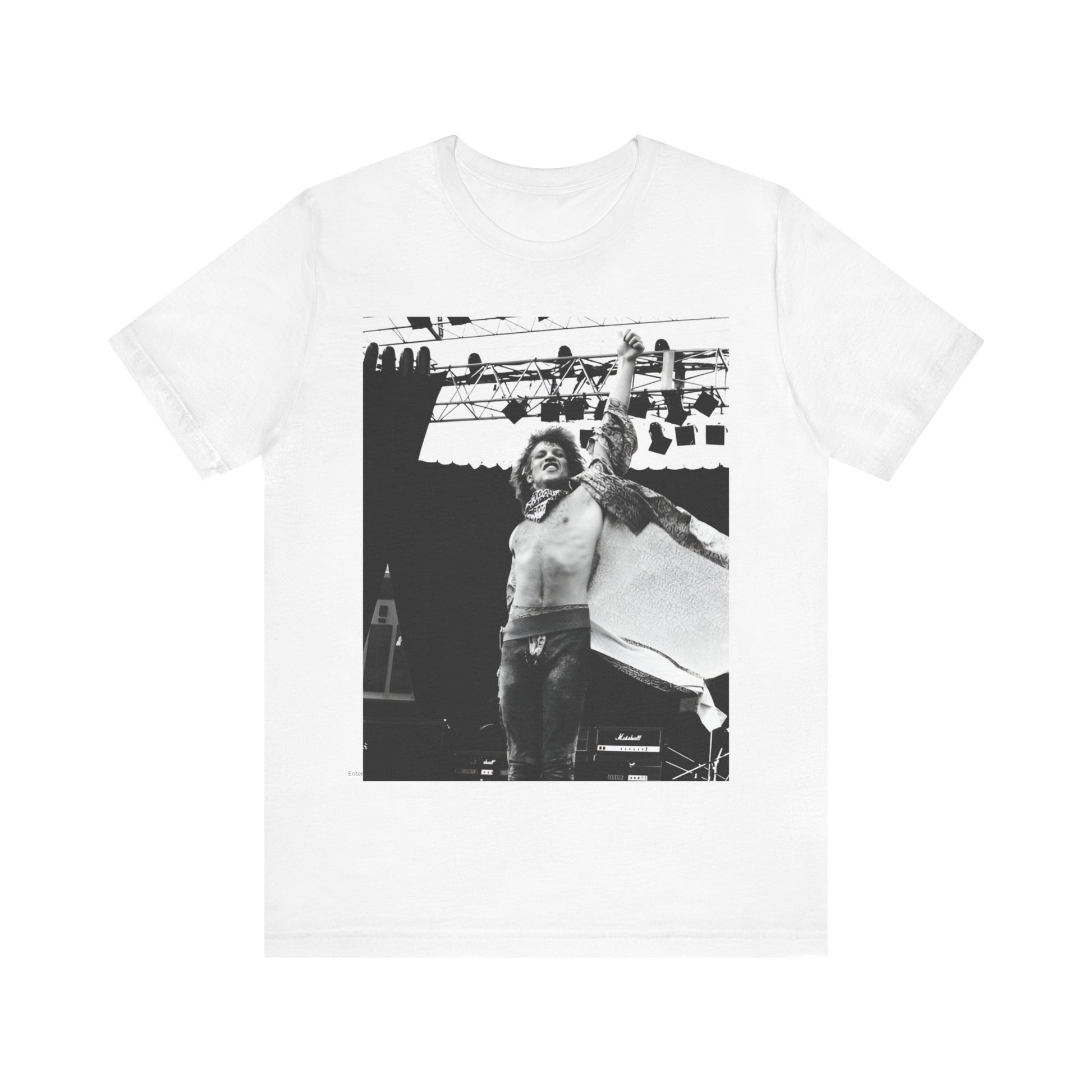 A black graphic t-shirt featuring an epic arena rock graphic of Bon Jovi performing on a large stage.