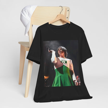 A black graphic t-shirt featuring a photo of My Chemical Romance, possibly with a cheerleader theme.