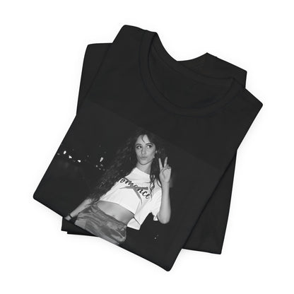 A black graphic t-shirt featuring a photo of Camila Cabello from her "Romance" album era.