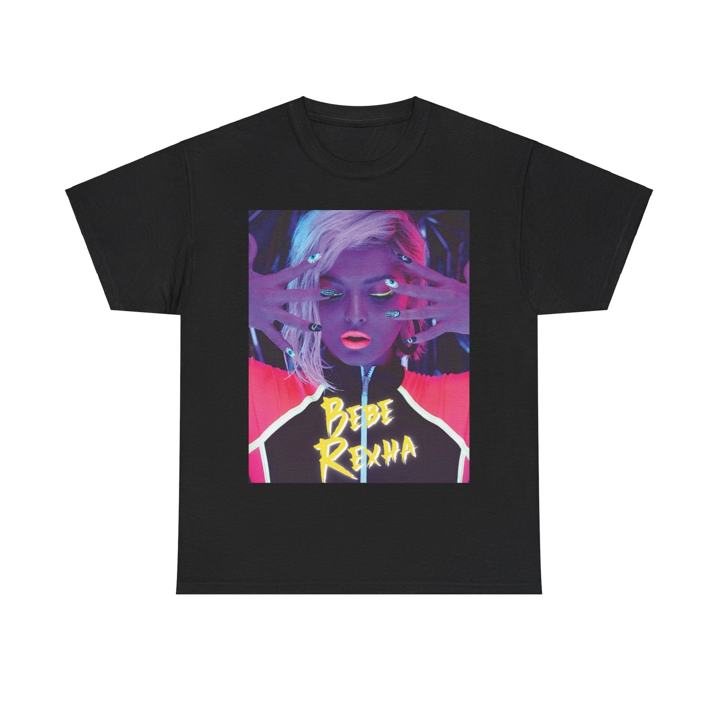 A black graphic t-shirt featuring a stylized graphic of Bebe Rexha, designed with a modern pop aesthetic.