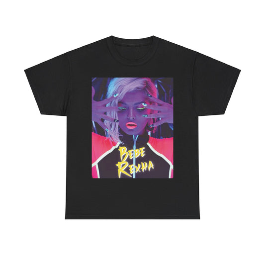 A black graphic t-shirt featuring a stylized graphic of Bebe Rexha, designed with a modern pop aesthetic.