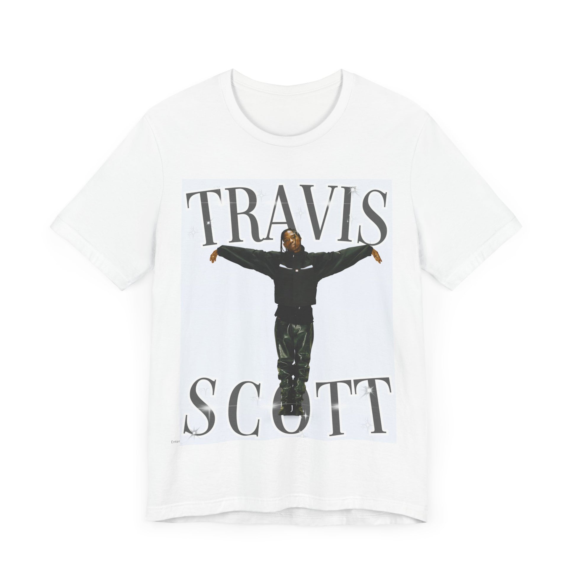 A black graphic t-shirt featuring a cool streetwear icon graphic of Travis Scott.