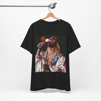 A black graphic t-shirt featuring a 70s vintage soul icon graphic of Stevie Wonder.