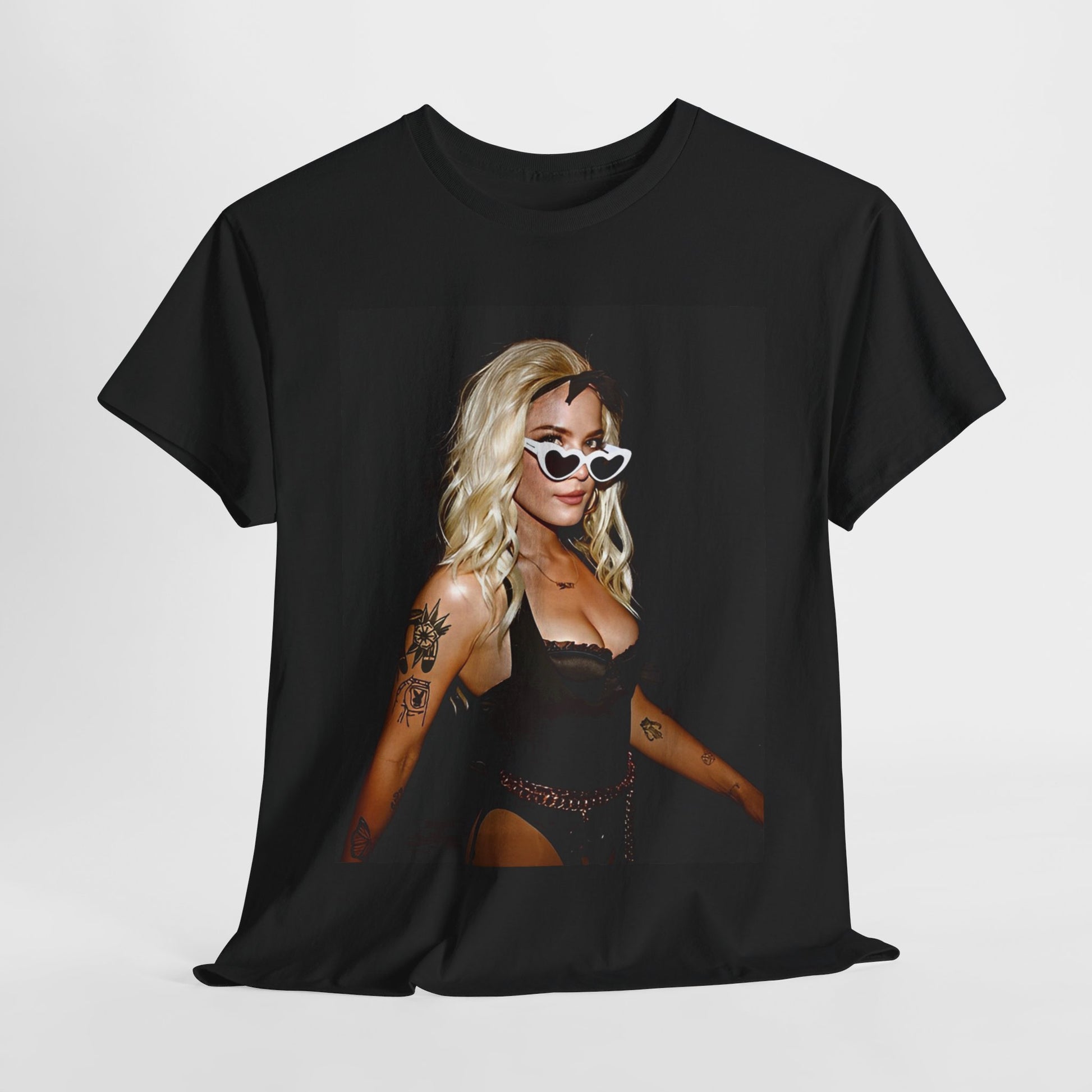 A black graphic t-shirt featuring a stylized graphic of Halsey as a modern pop icon.
