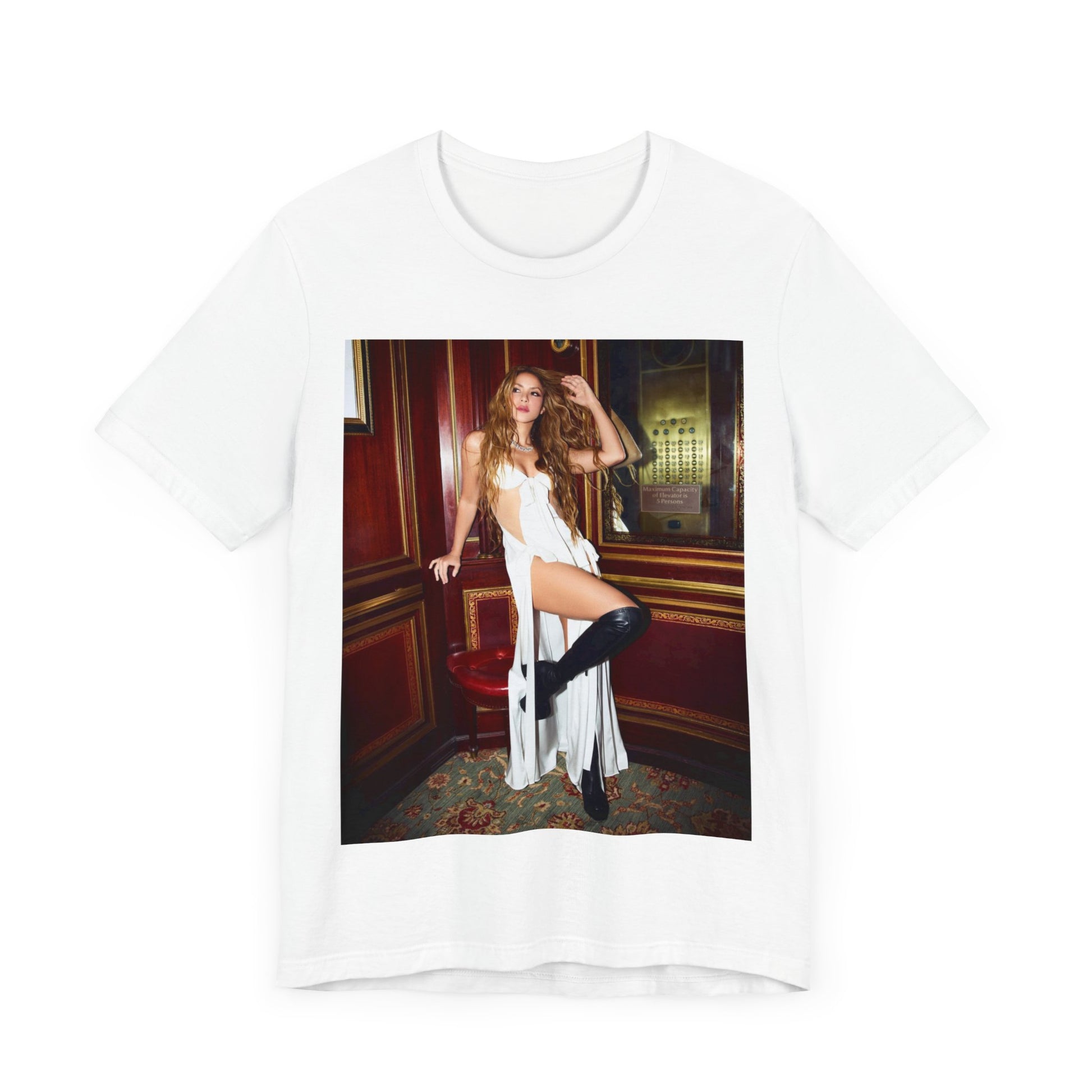 A black graphic t-shirt featuring a graphic of Shakira as an authentic Colombian star.