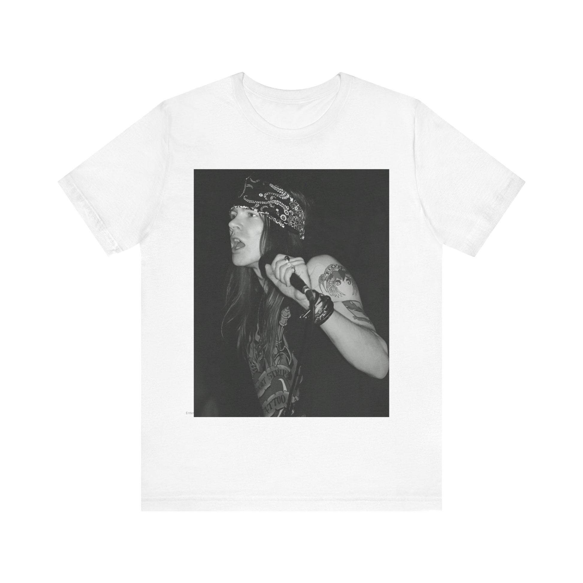 A black graphic t-shirt featuring a black and white portrait photo of the band Guns N' Roses.