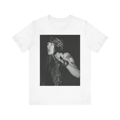 A black graphic t-shirt featuring a black and white portrait photo of the band Guns N' Roses.