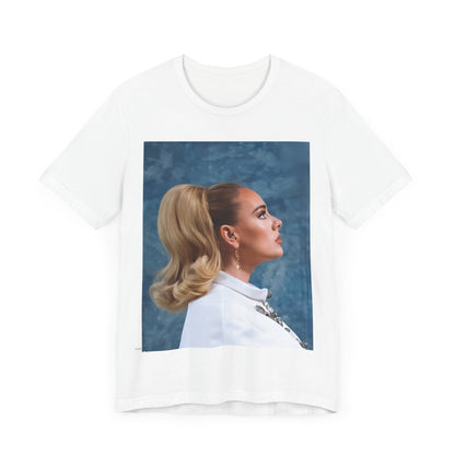 A black graphic t-shirt featuring a black and white photo of Adele in a vintage glamorous look, with classic hair and makeup.