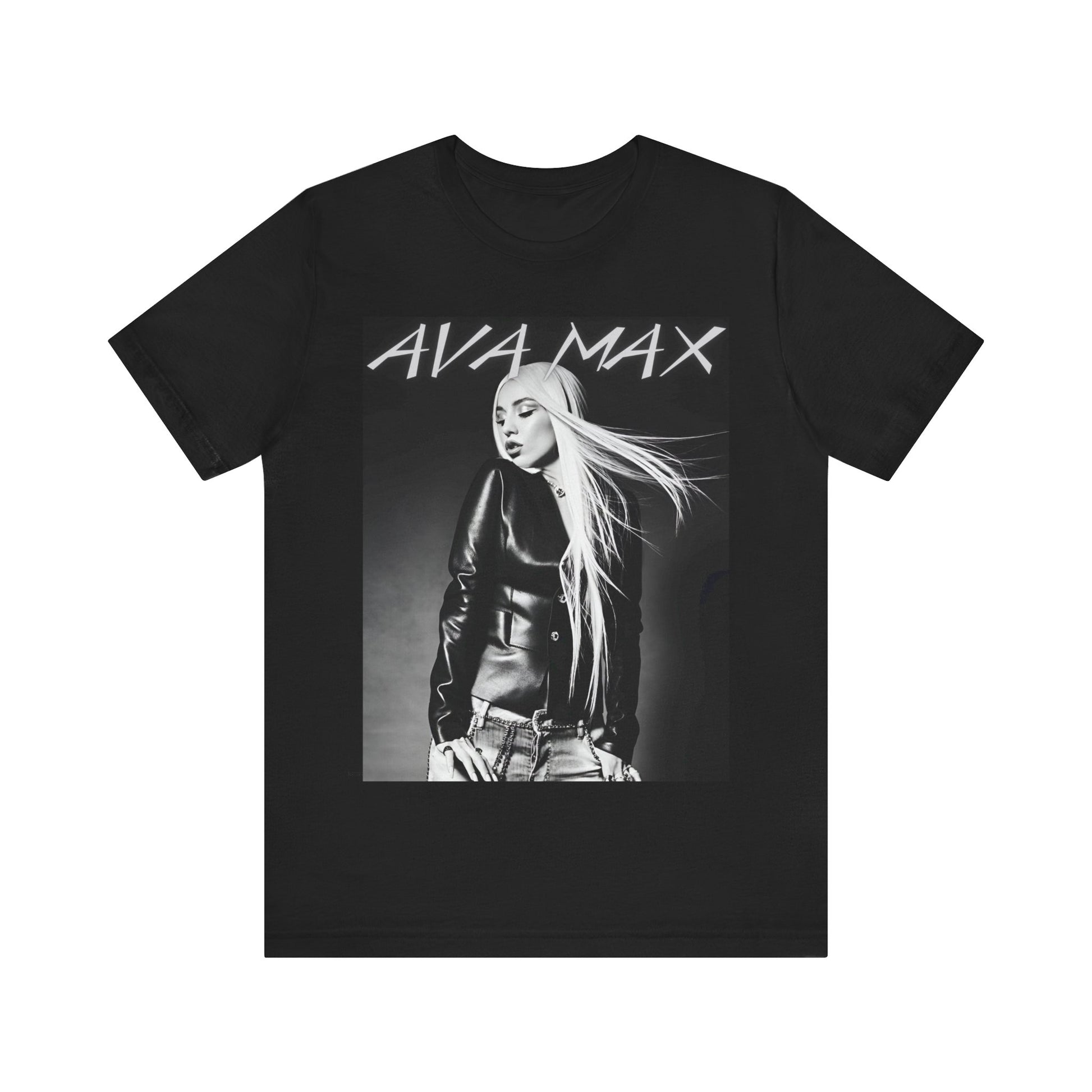 A black graphic t-shirt featuring a black and white portrait photo of Ava Max.