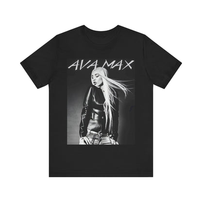 A black graphic t-shirt featuring a black and white portrait photo of Ava Max.