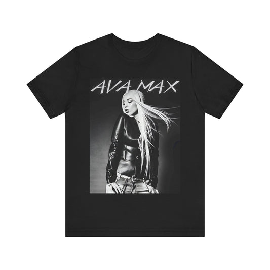 A black graphic t-shirt featuring a black and white portrait photo of Ava Max.