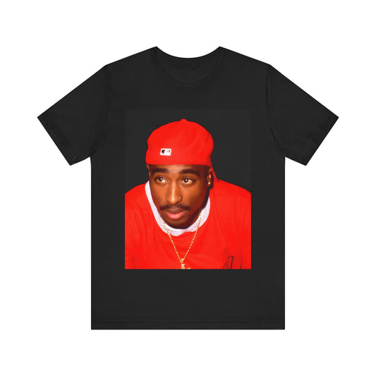 A black graphic t-shirt featuring a fierce graphic related to Tupac's 'California Love' song or era.