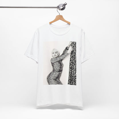 A black graphic t-shirt featuring a black and white, wild-style graphic of Blondie, emphasizing their untamed spirit.