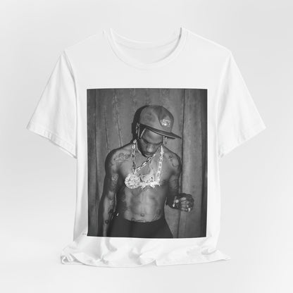 A black graphic t-shirt featuring a graphic of Travis Scott as the Houston rap king.