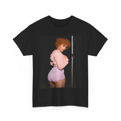 A black graphic t-shirt featuring a retro graphic of Ice Spice with her curly red hair.