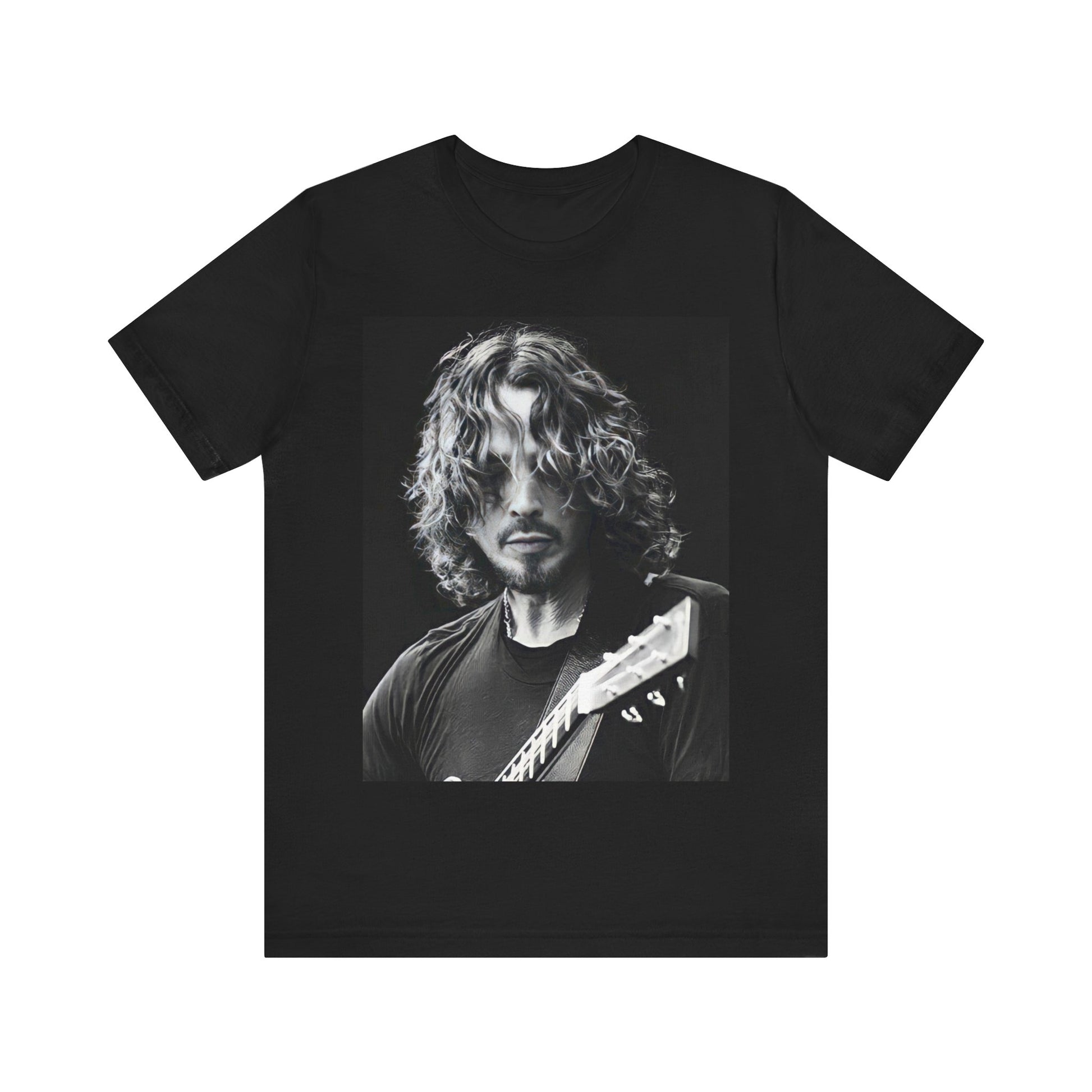 A black graphic t-shirt featuring a graphic of Chris Cornell performing live on tour in the 1990s.