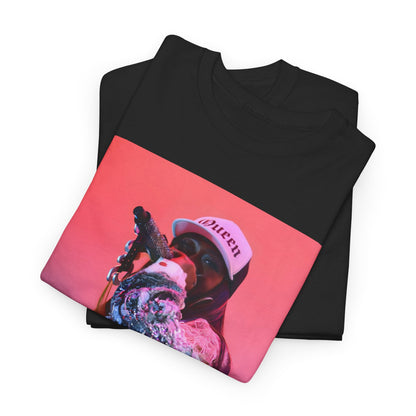 A black graphic t-shirt featuring a graphic of Missy Elliott as a fearless performer.