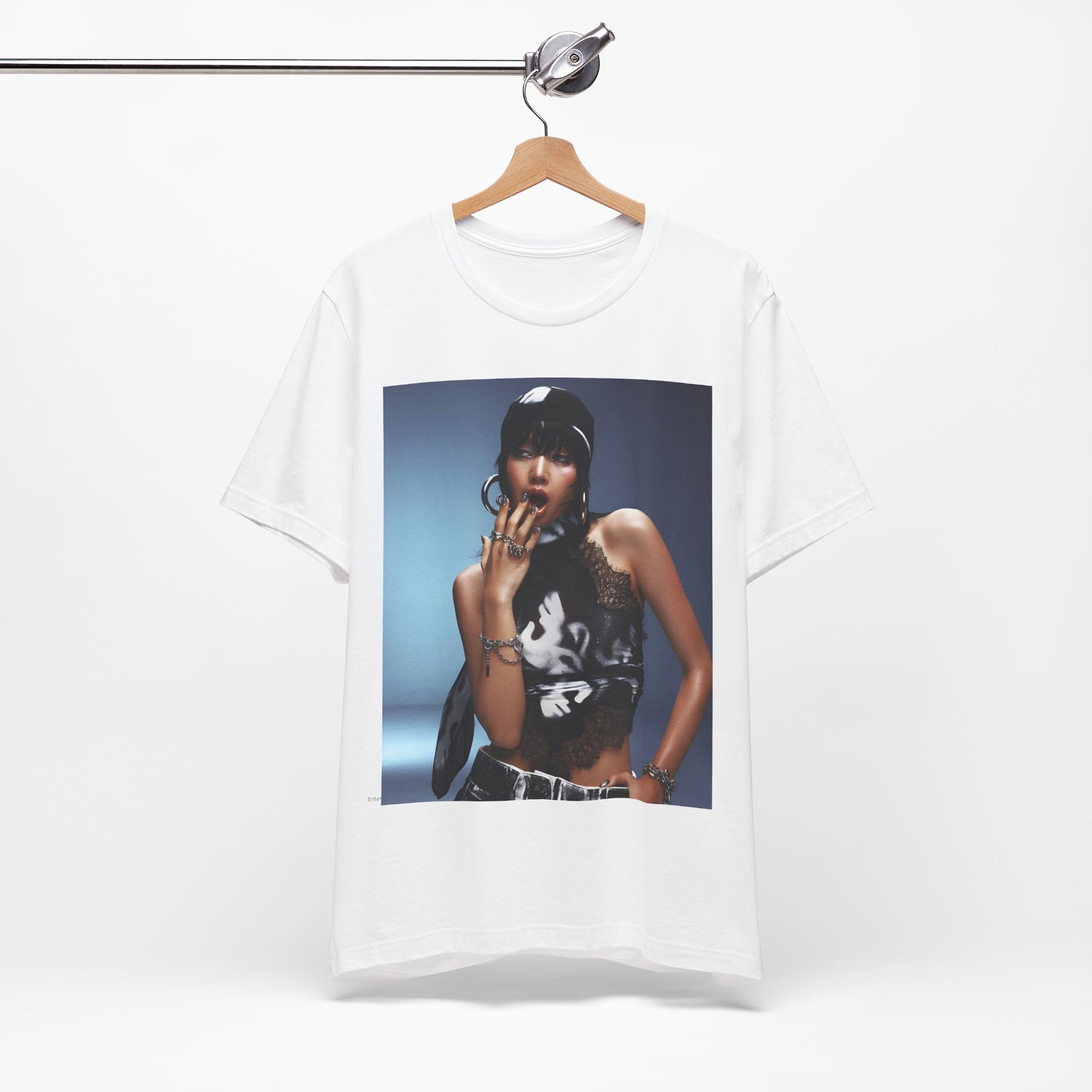 A black graphic t-shirt featuring a vintage K-Pop dance queen graphic of Lisa.